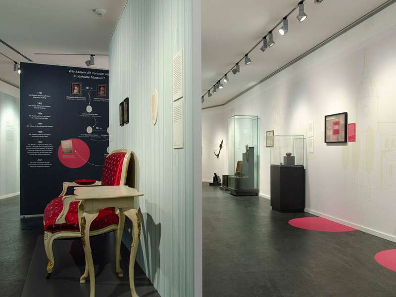 Die Ausstellung bietet mit Wandöffnungen ein Blick ins Private oder Öffentliche der Stadt. Die gestreifte Wandtapete ist der Innenraum und das Wandgemälde der Stadtsilhuette von Buxtehude zeigt Exponate der Stadtgeschichte.